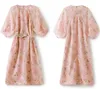 2023 été rose imprimé fleuri taille ceinturée robe 1/2 demi manches col rond perlé genou longueur robes décontractées W3L042308