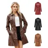 Kvinnors läder Autumn Long Brun Black Soft Artificial Women's Windbreaker Belt Kjol Elegant Coat