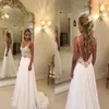 2020 robes de mariée de plage pas cher dentelle Appliqued col en V une ligne Sexy dos nu Boho robe de mariée balayage train personnalisé jardin nuptiale Go284i