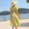 Floral Print Ruffle Hem Tie Side Wrap Dress Summer V-neck Prairie Chic Short Sleeve Women Dress Yellow Printing Robe Femme