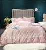 Ensembles de literie 4/6 pièces ensemble de coton égyptien de luxe 100S superbe linge de lit draps blancs avec grand bord de dentelle housse de couette Shams plume roi