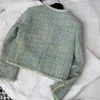 Jaquetas femininas designer marca de moda europeia 2023 outono/inverno nova lã hortelã verde xadrez tweed temperamento casaco curto npmj