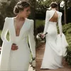 Simple Long Sleeves Satin Mermaid Wedding Dresses Deep V-Neck Open Back Sexy Bridal Gowns Ivory Robe De Mariage Court Train