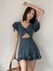 Swimsuit Female 2020 Korean Slimming Cover Belly Conservative Student Girl Sexy Backless Split Swim Dress Back V Shape