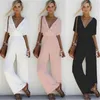 2022 Nieuwe Zomer Vrouwen V-hals Losse Playsuit Jumpsuit Dames Korte Mouw Losse Wijde Pijpen Lange Outfit Strand Cover