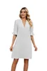 2023 Summer New Solid V Neck Loose Pleated 5/4 Sleeve Short school girl Dress Women Chiffon dress