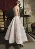 멋진 핑크색 꽃 무도회 드레스 아플리케이드 깎아 지른 보석 목 라인 짧은 공식 이브닝 가운 버튼 뒤쪽 발목 길이 홈 커머스 드레스