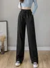 Koreanische bodenlange Hose mit weitem Bein für Damen, Baumwolle, Baggy-Stack-Sporthose, Frühlingsgrau, Schnür-Damen-Jogginghose