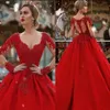 2018 Custom Long Sleeves Wedding Dresses Plunging V-neck Lace Appliqued Red Puffy Long Arabic Dubai Formal Party Wear Gowns Celebr232K