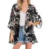 Casual Loose Cardigan Cover Up Summer Floral Printed Puff Sleeve Chiffon Kimono Blouse Tops Cropped Cardigans For