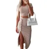 Two Piece Dress Ribbed Knit Midi Skirt 2 Set Women Crop Top Bodycon Split Skirts Cut Out Casual Pieces Outfit Dressy (A Black M)