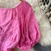 Casual klänningar vintage ihåliga utbredda kortärmad klänning djupa V -knappar puffhylsa söta rosa långa klänningar för kvinnor robes femme 2023