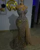 Plus Size Arabic Aso Ebi Gold Luxurious Mermaid Prom Beaded Crystals Evening Formal Party Second Reception Birthday Engagement Gowns Dresses 0515