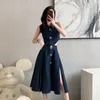 Casual Jurken Streetwear Mode Lange Denim Jurken Voor Vrouwen 2023 Zomer Nieuwe Sexy Revers Mouwloze Hollow Out Split Lange Jurk gewaden Femme