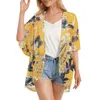 Casual Loose Cardigan Cover Up Summer Floral Printed Puff Sleeve Chiffon Kimono Blouse Tops Cropped Cardigans For
