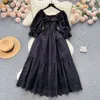 2023 Casual Dresses Summer Summer New Fashion Hollow Out A-line Dress Women Square Neck Short Sleeve Elastic Waist Solid Color Casual Clothes Vestidos