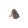 Bröllopsringar Rough Raw Surface Amythests Purple Stone Pärla Charm med ren guldfärg bas öppen justerbar fingerring manschett för kvinnor