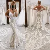 Suknie ślubne syreny na nagie podszewka spaghetti koronkowa luksusowa sukienka ślubna zamiatać pociąg ślubny ślubny sukienki ślubne