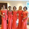 2023 African Arabic Coral Mermaid Long Bridesmaid Dresses Portrait Neck Floor Length Evening Prom Dress Plus Size Wedding Guest Gowns