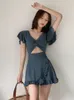 Swimsuit Female 2020 Korean Slimming Cover Belly Conservative Student Girl Sexy Backless Split Swim Dress Back V Shape