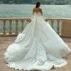 Vestidos de noiva de sereia de luxo com fenda frontal, pérolas, frisados, cetim, mangas compridas, vestidos de noiva com trem destacável, decote transparente, moderno, árabe, Dubai, vestido De Novia