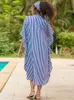 Beach Shirt Swimsuit Cover Ups Striped Heart Patchwork Kaftans for Women Stand Collar Maxi Dresses Pareos De Playa