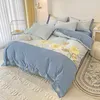 Ensembles de literie Coton lavé Ensemble ultra doux Broderie Tournesols Chic Bleu Patchwork Housse de couette Drap de lit plat / ajusté Taies d'oreiller