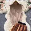 Two Piece Dress Sexy Sweater Contrast color Vertical Stripes Pleated Skirt Suits Women's Autumn Sleeveless Knitted Top Two Piece Long Skirt Sets 2023