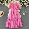 Vestidos casuales Vintage Hollow out Vestido de manga corta bordado Botones en V profundos Manga de soplo Dulce Rosa Vestidos largos para mujeres Batas Femme 2023