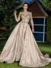 Elegant Moroccan Kaftan Champagne Evening Dresses With Detachable Train Lace Appliques Beaded Long Sleeves Formal Event Gowns For Women
