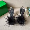 Designer Strap Aiuto per capelli Ostrich One Feathers Women Sandals Teli alti pelosi con tallone sottile sexy a punta all'aperto con scarpe con scatola 69 y 311 69740 y 740