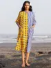 Beach Shirt Swimsuit Cover Ups Striped Heart Patchwork Kaftans for Women Stand Collar Maxi Dresses Pareos De Playa