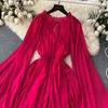 Casual Dresses Ruffles Maxi Dress Women Summer Solid V Neck Elegant Retro Long Sleeve Ladies Fashion 2023 Party A Line Dresses