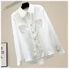 Kadın Bluzlar Aşk Kalp İnciler Boncuk Ruffles Patchwork Siyah Beyaz Bluz Sonbahar Kore Zarif Kadın Gömlek Uzun Kollu Saten 2023 Tops