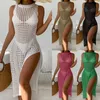 Sexy Solid Color Crewneck Sleeveless Breathable Openwork Knit Long Beach Dress High Split Dresses Sun Protection Cover-ups