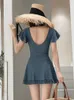 Swimsuit Female 2020 Korean Slimming Cover Belly Conservative Student Girl Sexy Backless Split Swim Dress Back V Shape