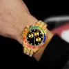 Relógios Relógios de Strass Feminino Masculino Luxo Completo Micro Pave Gelo Pedras Coloridas Zircônia Cúbica Aço Inoxidável 3 Olhos 230613