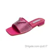 Sandals P Family Letter Slippers Rhinestone Triangle Low Heel for Women Wearing Mesh Red Slides with Thick Heels qiuti17