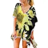 2023 frauen Quasten Bademode Bikini Cover Up Strand Tragen Floral Mini Strand Kleid Kaftan Chiffon Lose Tops Für Schwimmen