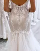 Elegante sirena vestidos de novia correas apliques de encaje vestido de novia de lujo tren de barrido botón espalda boda vestidos de novia