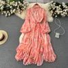 Casual Dresses Runway Spring Summer Chiffon Long Dress Women Stand Collar Puff Sleeve Floral Print Bohemian Oregelbunden dragskörning 2023