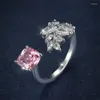 Anneaux de mariage coussin coupe carré rose Zircon feuille pour les femmes couleur argent blanc cristal bandes promesse bague de fiançailles bijoux CZ