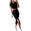 Two Piece Dress Ribbed Knit Midi Skirt 2 Set Women Crop Top Bodycon Split Skirts Cut Out Casual Pieces Outfit Dressy (A Black M)