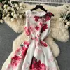 Casual Dresses Summer Vintage Printed Round Neck Sleeveless Dress Women High Quality Floral Print Vestidos High Waist Mid-Length Ladies Dresses 2023