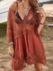 Summer Swimsuit Cover-Ups Dress Women Lace Sexy Seethrough Beachwear Female Beach Bikini Cover Ups Loose Ruffle Mini