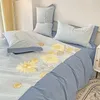 Ensembles de literie Coton lavé Ensemble ultra doux Broderie Tournesols Chic Bleu Patchwork Housse de couette Drap de lit plat / ajusté Taies d'oreiller