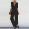 2022 Nieuwe Zomer Vrouwen V-hals Losse Playsuit Jumpsuit Dames Korte Mouw Losse Wijde Pijpen Lange Outfit Strand Cover