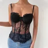 Camiseta sin mangas de encaje negro con flores para mujer