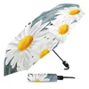 Paraplyer White Daisy Butterfly Wood Grain Creative Paraply Rain Women Automatisk tre vikbar vindtät parasol Parapluie