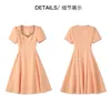 2023 Summer Orange Solid Color Dress Short Sleeve Square Neck Knee-Length Casual Dresses W3L049510